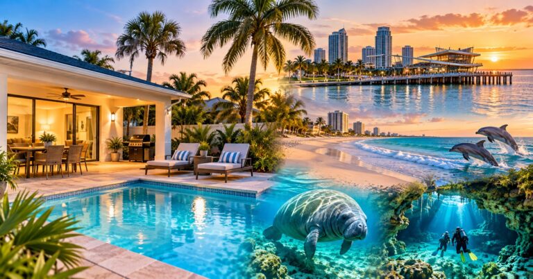 Short-term-vacation-rental-in-Pinellas-Park-Florida-featuring-a-private-pool-tropical-palm-trees-St.-Petersburg-Pier-Gulf-Coast-beaches-dolphins-a-manatee-and-underwater-cave-diving-adventures